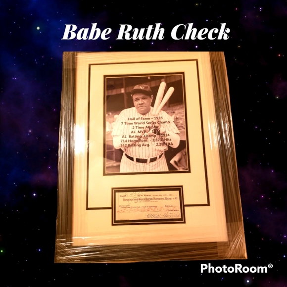 Framed autographed 8x10 with autographed check from babe ruth